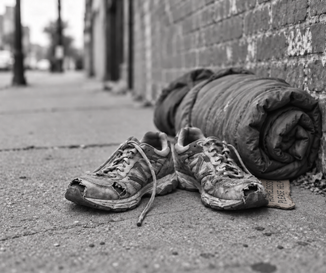 Black-and-white illustrative image of heavily worn shoes, with torn fabric and split seams.