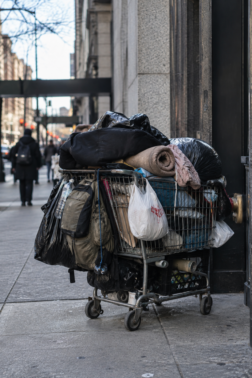 Illustrative reference of a shopping cart filled with bags, blankets, and belongings on a city sidewalk.